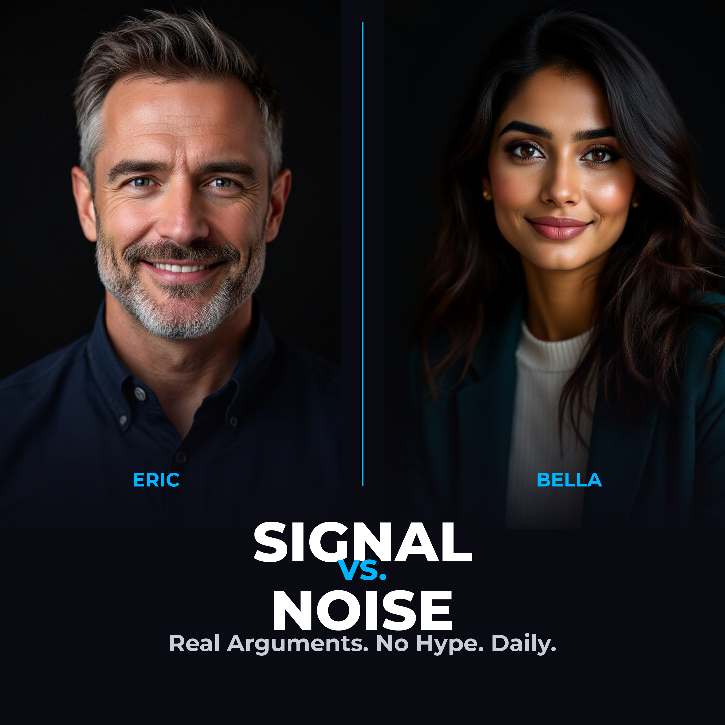 Signal vs. Noise AI podcast cover art — Eric and Bella debate AI daily
